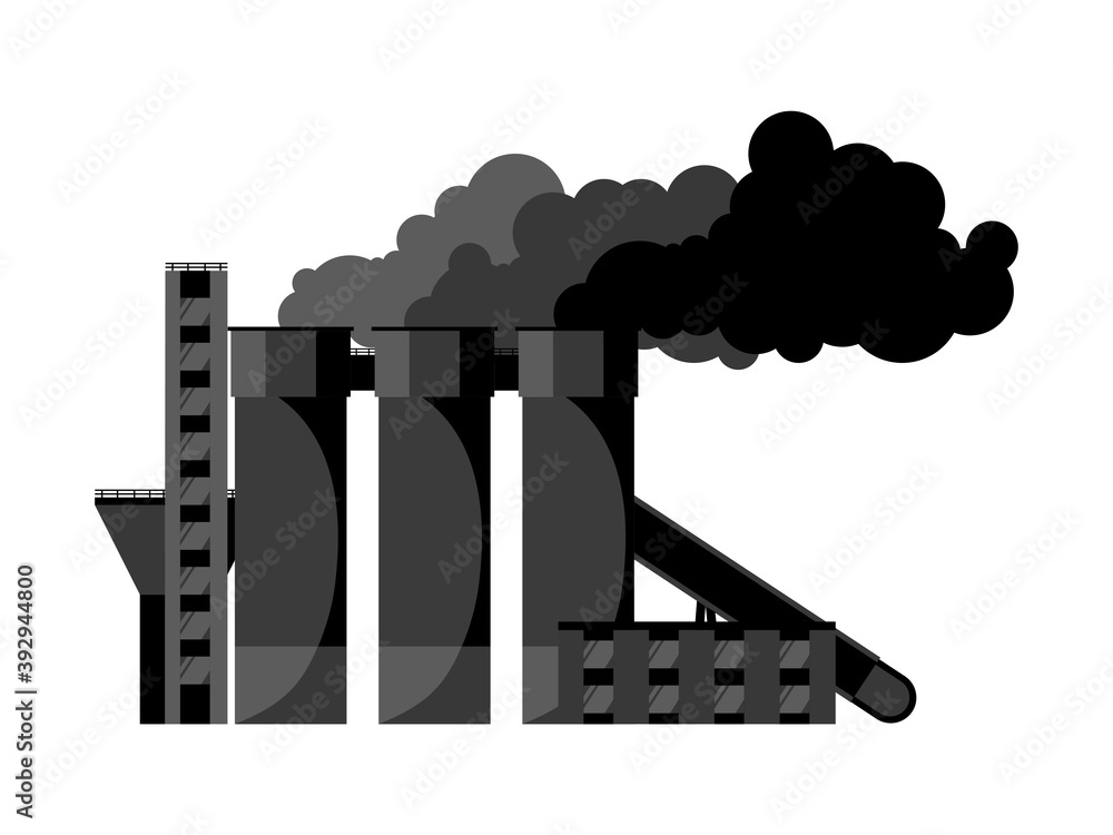 A factory with Smoking pipes of a processing plant, a cement plant. Industrial concept, monochrome vector illustration in black and gray, isolated flat image on a white background