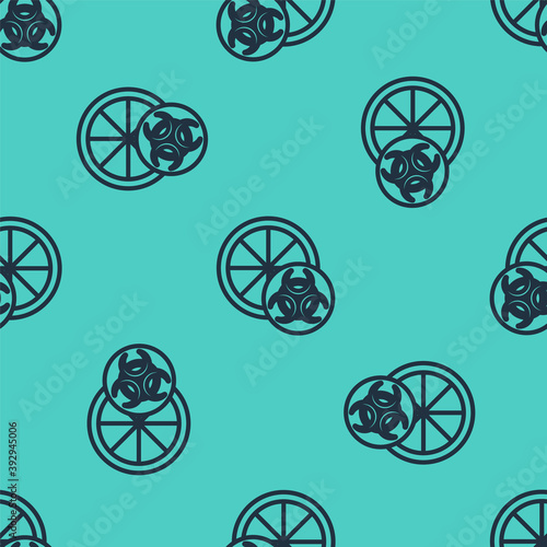 Black line Genetically modified citrus fruit icon isolated seamless pattern on green background. Orange in a cut. Healthy lifestyle. GMO fruit. Vector.