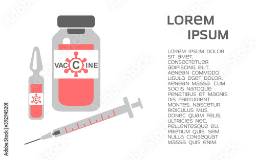 Antiviral vaccine, vial and syringe with heart and lifeline of possom. Vaccination immunity against coronavirus. Background with space for text, vector