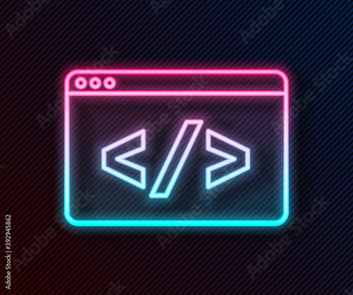 Glowing neon line Web design and front end development icon isolated on black background. Vector.