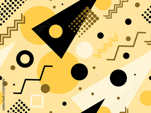 Seamless pattern with geometric shapes in the style of the 80s. Multicolored vintage background with triangles, circles and squares for brochures, banners and wrapping paper. Vector illustration