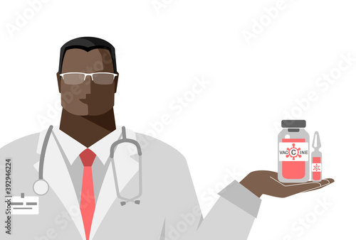 The doctor holds an antiviral vaccine, ampoule, vaccination immunity against coronavirus. Isolated color illustrations on a white background, vector