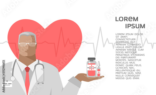 Banner with a doctor who holds an antiviral vaccine, ampoule, vaccination immunity against coronavirus. Isolated color illustrations on a white background, vector