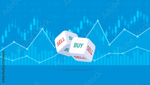 Dices for indications to buy or sell. The concept of unpredictability in the stock market in the future. A guide for decision making in uncertain circumstances. Vector illustration.