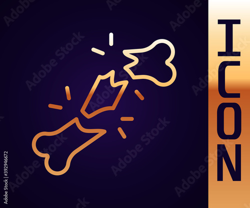 Gold line Human broken bone icon isolated on black background. Vector.