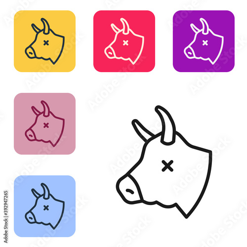 Black line Cow head icon isolated on white background. Set icons in color square buttons. Vector.