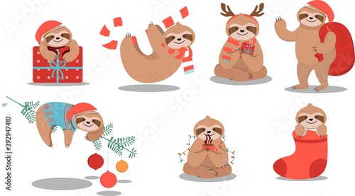 Set of Cute Sloth Wearing Christmas Stuffs and Decorations