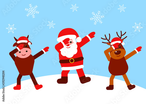 Happy santa claus, deer and bull dab dance. Christmas characters. Vector