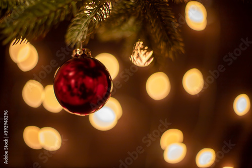 red christmas balls on a pine branch, lights in the background