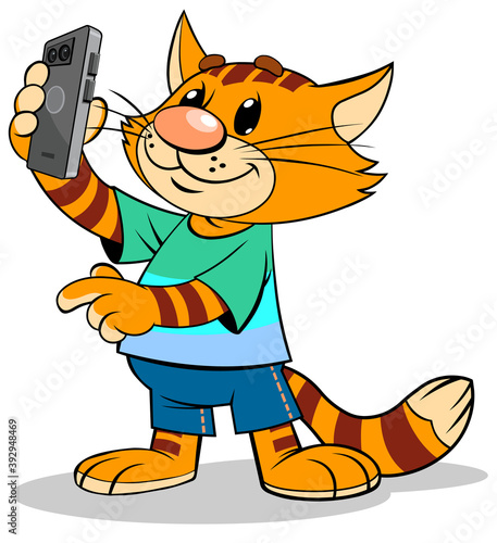 A vector illustration of a cartoon striped red сat taking a selfie with a smartphone.