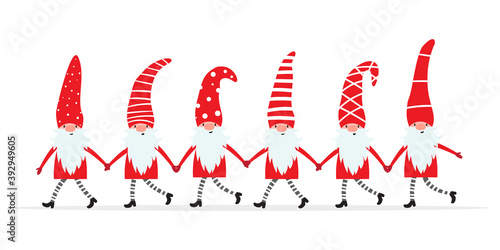 Set of cute christmas gnomes in funny hats and holding hands. Vector illustration of northern elfs, cartoon scandinavian dwarfs. Xmas elements for design, invitations and greeting cards