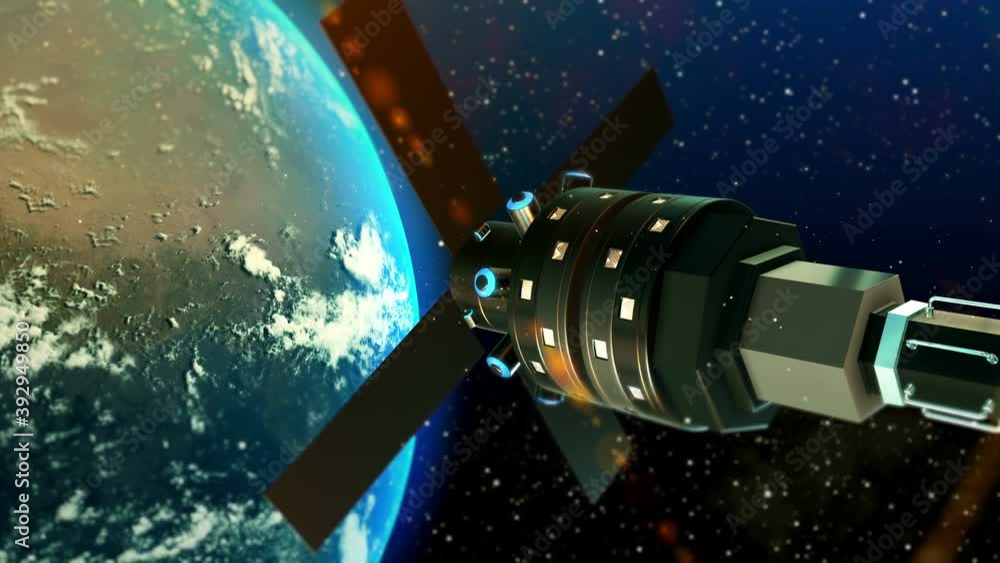 Satellite orbital station monitors data on planet Earth in a realistic 3D view video animation Satellite orbital station monitors data on planet Earth in a realistic 3D view video animation