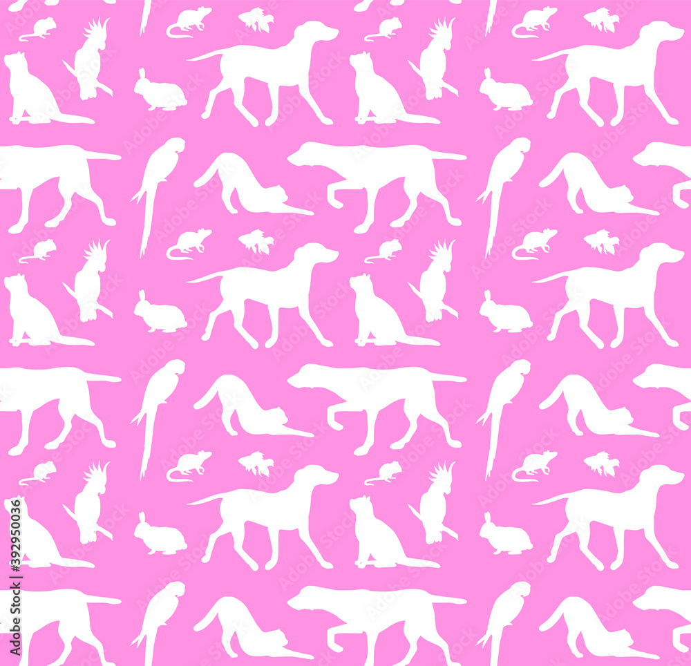 Vector seamless pattern of white pets domestic animals silhouette isolated on pink background