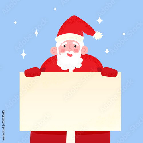 Happy Santa Claus holding blank signboard. Smiling Papa Noel behind celebration banner, on blue snowy background. Vector illustration of Merry Christmas greeting card template © svetolk