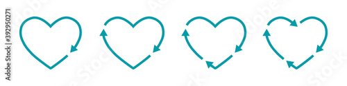 Recycle heart arrow icon, recycle love. Silhouette recycling. Set of arrows hearts. Heart earth enviromental. Vector illustration.