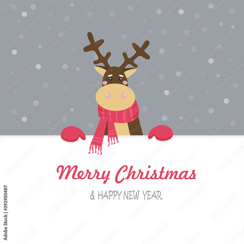 Merry Christmas and Happy New Year. Deer in a red knitted scarf. Symbol of Christmas. Congratulations card. Vector flat illustration
