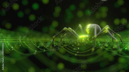 glowing green spider in the dark. waiting on web, suitable for horror, halloween, arachnid and technology themes. 3D illustration