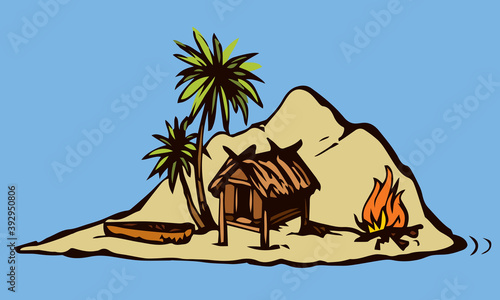 Hut on the island. Vector drawing