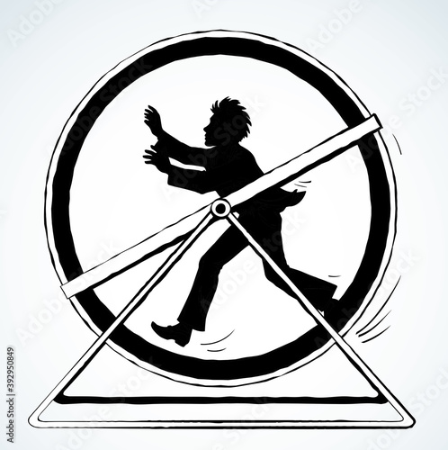 Man running in circle wheel. Vector drawing