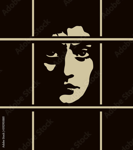 A man in prison behind bars. Vector drawing