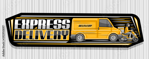 Vector banner for Express Delivery, dark horizontal signboard with illustration of orange truck in motion, rider on motorcycle with delivery box, decorative unique lettering for words express delivery