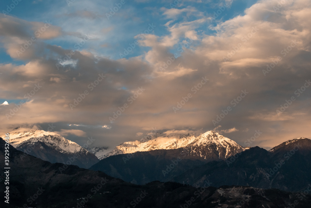Dramatic clouds above the Panchahuli mountain range in the Himalayan village of Munsyari in Uttarakhand.