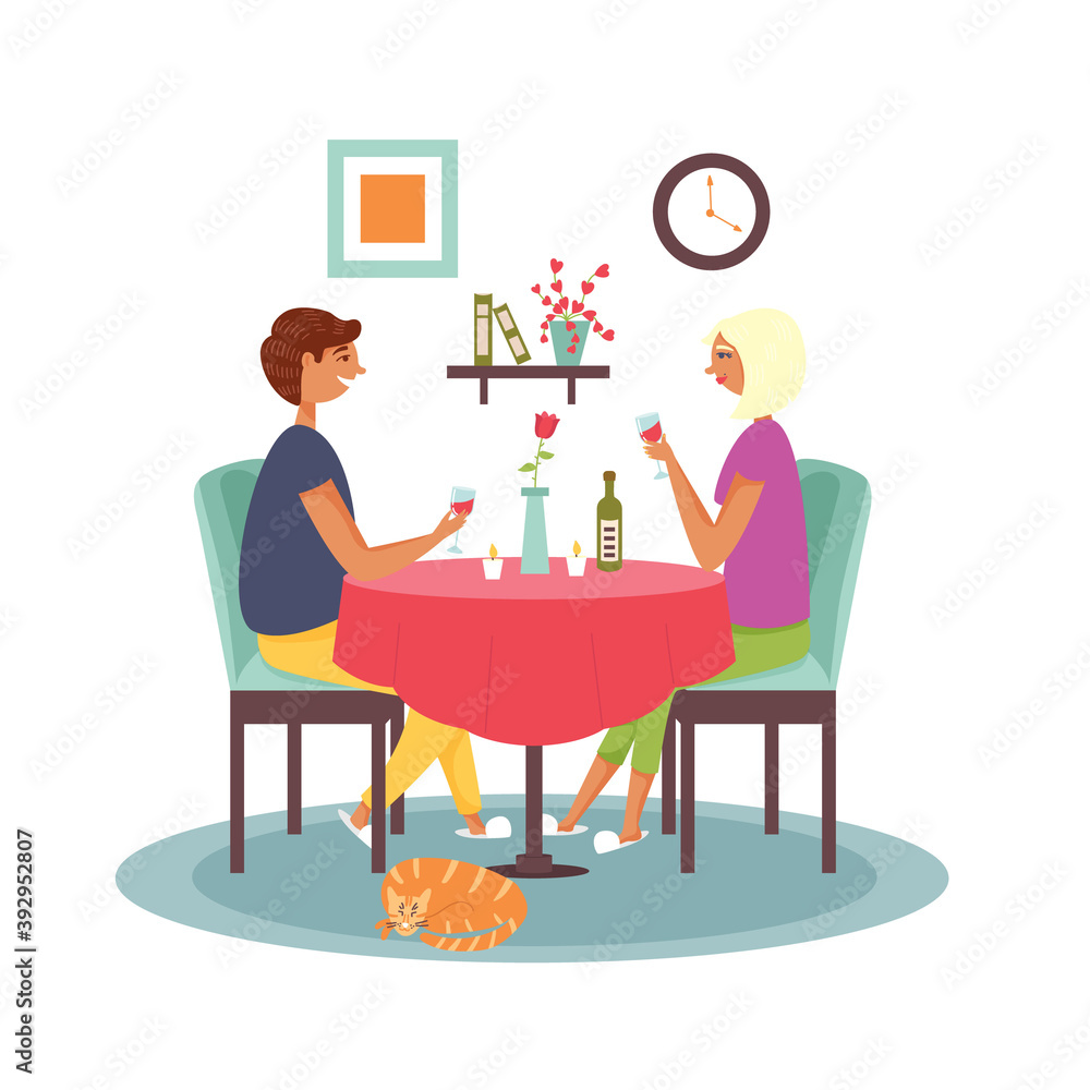 Couple sitting at the table drinking wine. Romantic dinner at home. Vector flat illustration