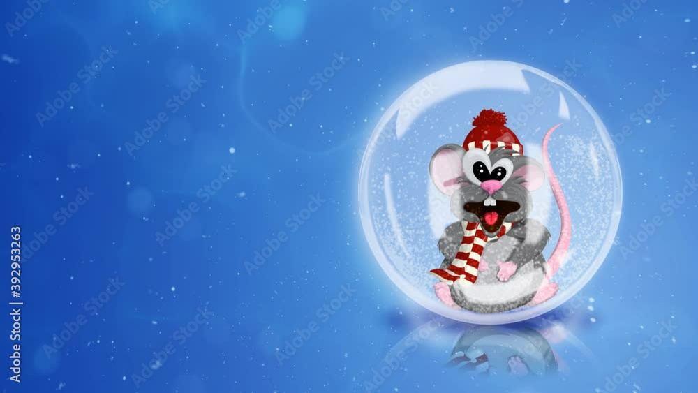A rat in a hat and scarf in a glass snow globe.