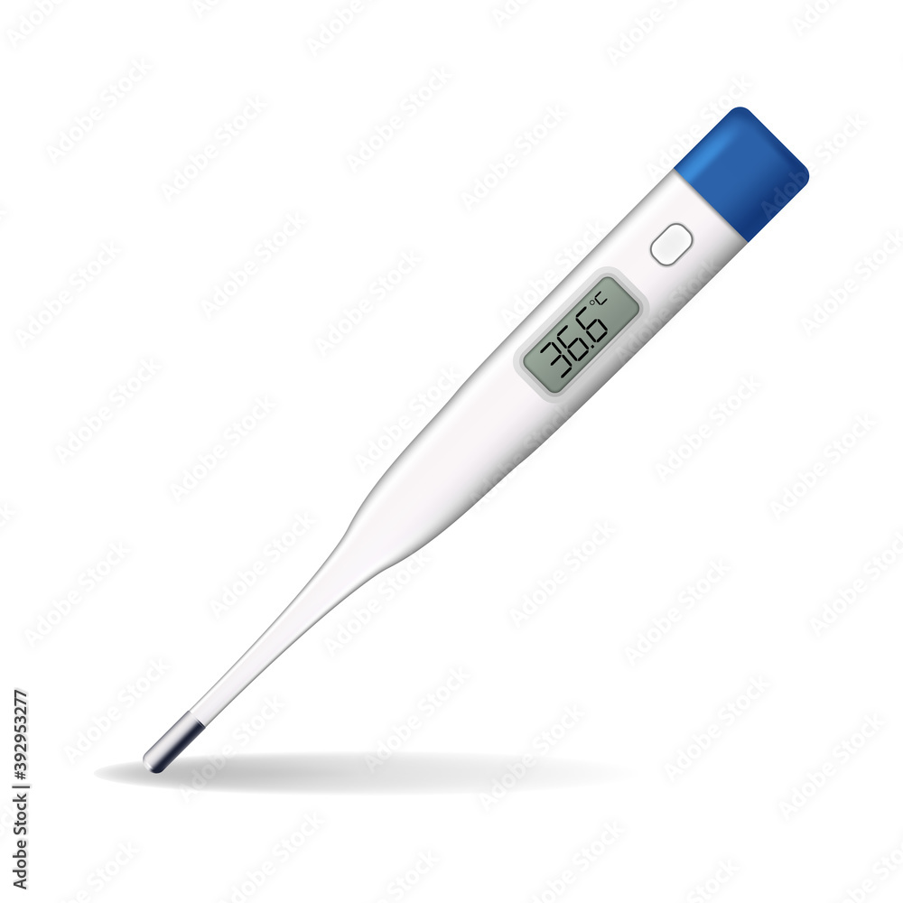 Realistic digital thermometer. Safe electronic medical thermometer device with normal 36.6 temperature. Tool for body heat measure. Vector illustration Realistic digital thermometer. Safe electronic medical thermometer device with normal 36.6 temperature. Tool for body heat measure. Vector illustration