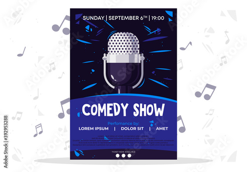 Vector illustration poster template for comedy show with retro microphone on dark background