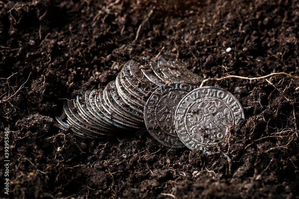 Fototapeta premium Closeup view of medieval European silver coins.Zygmunt III Waza.Ancient silver coins.Numismatics.silver coins covered in dirt.Antikvariat.