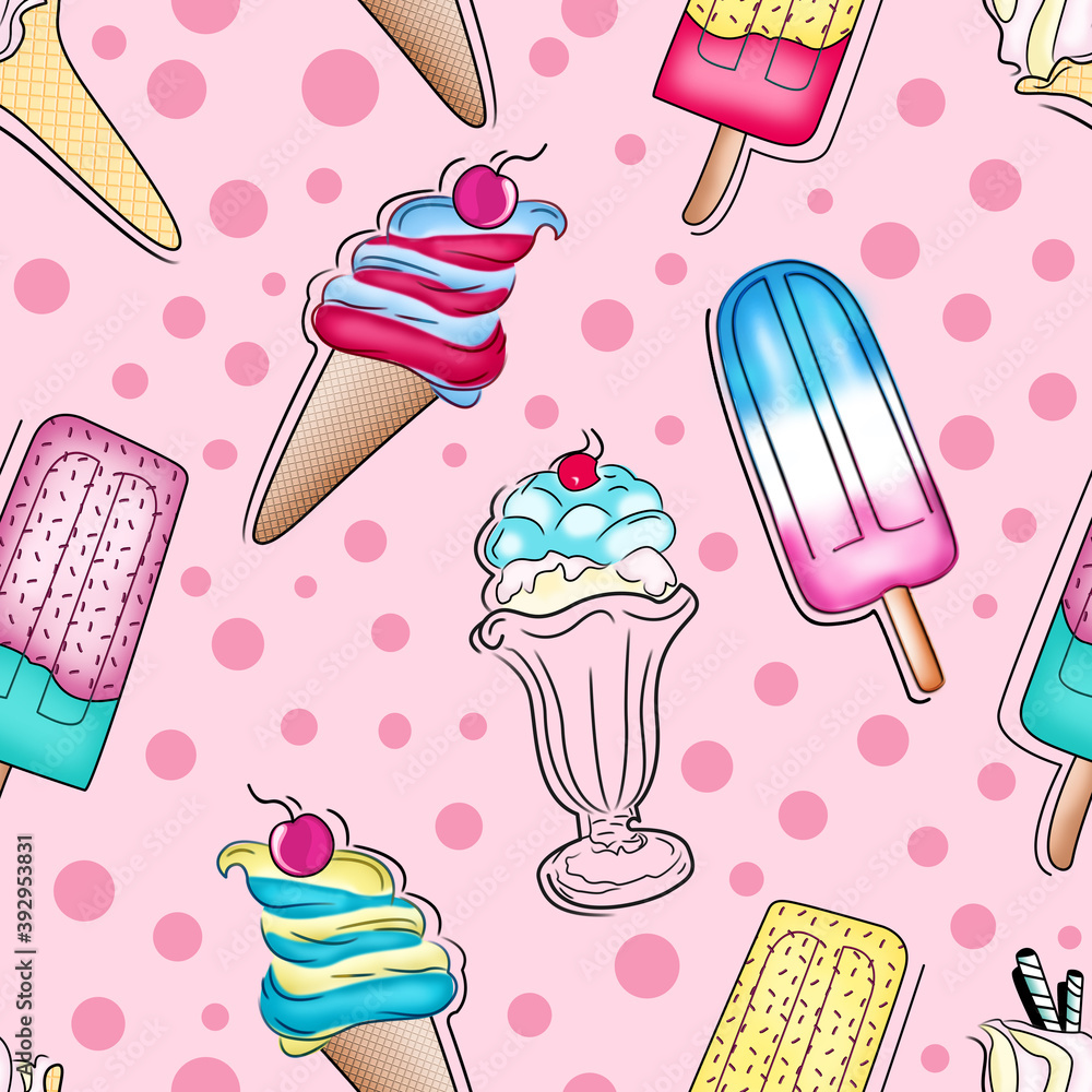 ice cream illustration white background pattern. Cute bright summer holidays seamless pattern ice cream illustration white background pattern. Cute bright summer holidays seamless pattern
