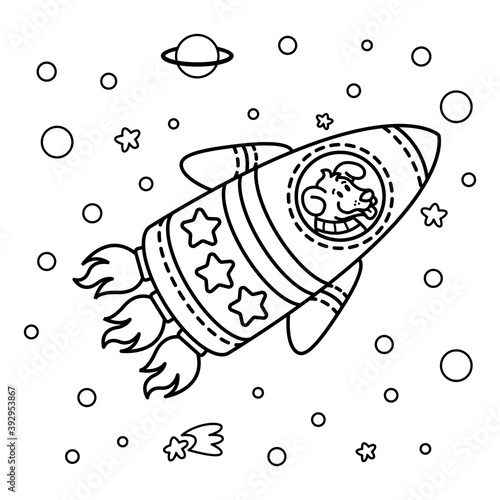 Dog in a rocket spaceship. Star galaxy. Cute cosmonaut dog in outer space. Vector illustration on the space theme in childish style. Picture for coloring book.