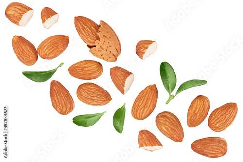 Almonds nuts isolated on white background Top view. Flat lay.