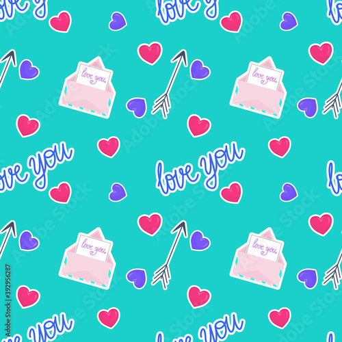 Seamless pattern for Valentine's day, with en'velope, hearts and arrow. A confession of feelings. Pattern for greeting cards or gift paper. Vector illustration..