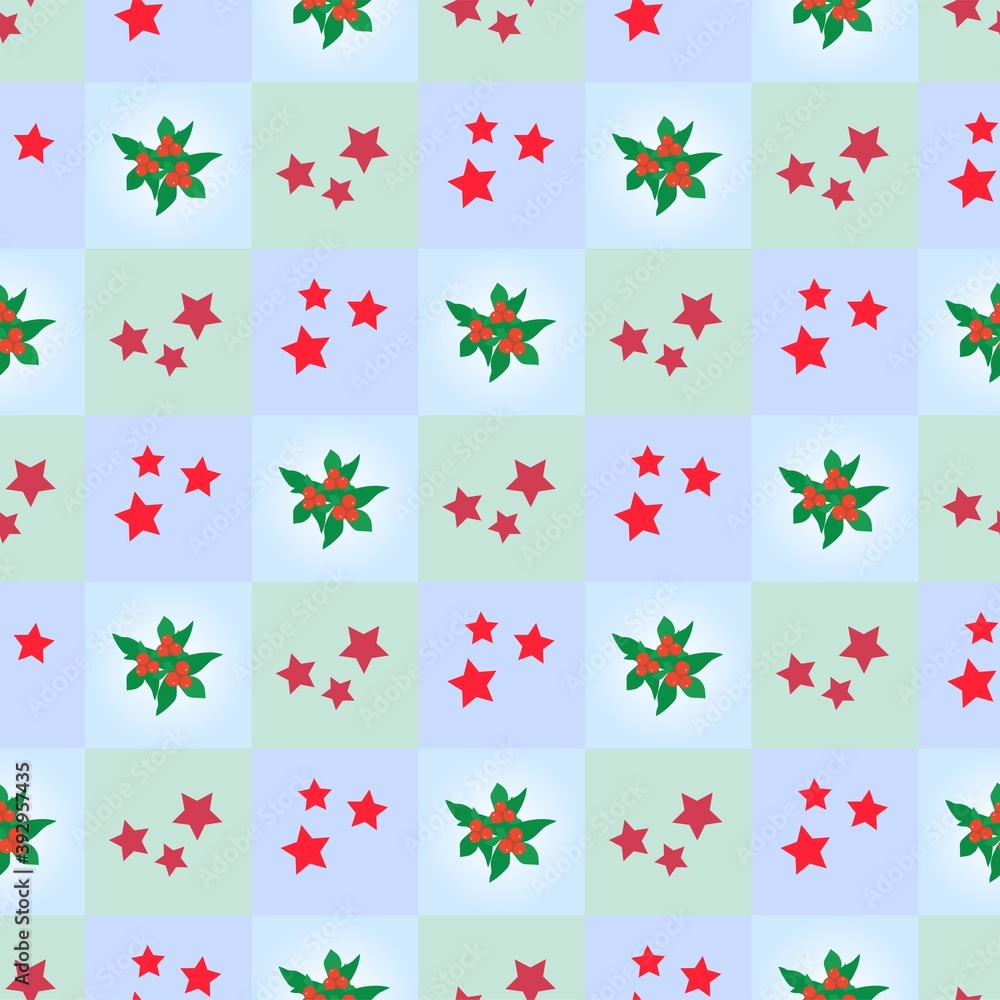 Seamless texture with red stars, red berries with green leaves and blue squares zigzag in chessboard order