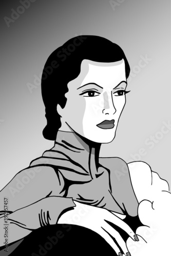 Drawing of fancy woman in formal wear from the twenties, in film noir atmosphere and art Deco style. Vector illustration.