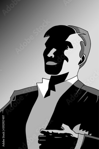 Drawing of fancy man smiling in formal wear from the twenties, in film noir atmosphere and art Deco style. Vector illustration.