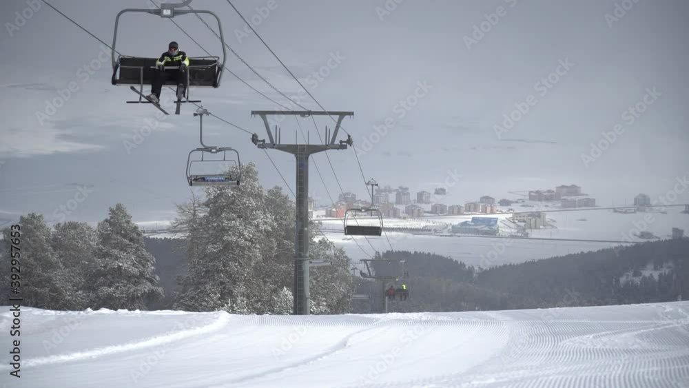 View of the chair lift and skiers through the Forest of the High Mountains with Snow Covered Trees. Sarıkamış / TURKIYE / TURKEY View of the chair lift and skiers through the Forest of the High Mountains with Snow Covered Trees. Sarıkamış / TURKIYE / TURKEY