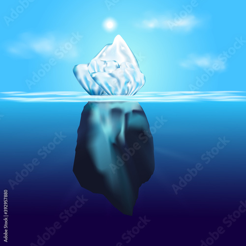
Iceberg floating among ice floes in the blue Antarctic sea and clouds.WInter arctic landscape with blue pure water and snow hills.
