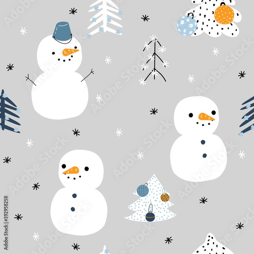 Winter seamless pattern with snowman and trees. Vector hand drawn illustration.