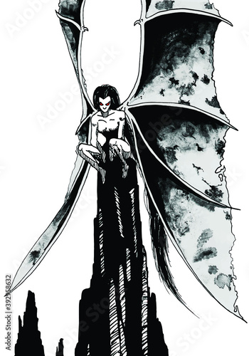 Illustration of demonic woman called Succubus with long wings perched on a cliff lurking, in comics style. Hand drawn and digital retouch.
