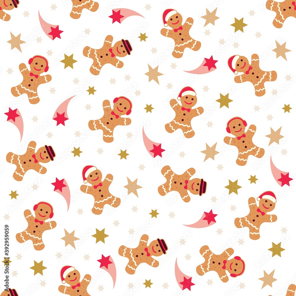 Holiday gingerbread man cookie seamless background. Cookie in shape of man with colored icing