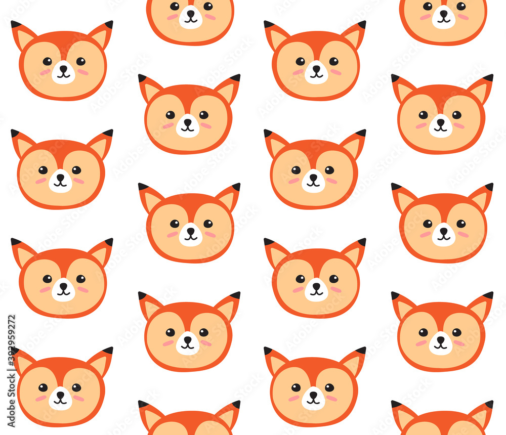 Vector seamless pattern of hand drawn doodle flat cartoon fox face isolated on white background