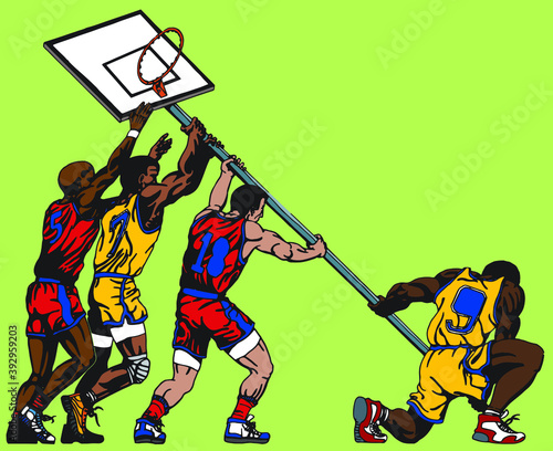 Colorful illustration of players raising a basketball backboard as in the famous photo of the marines raising the flag in Iwo Jima, in comics style. Vector illustration.