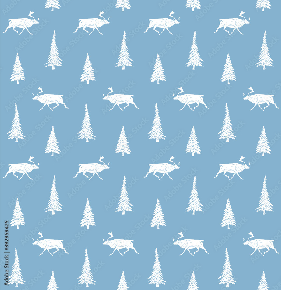Vector seamless pattern of white hand drawn doodle sketch reindeer and spruce tree isolated on blue background