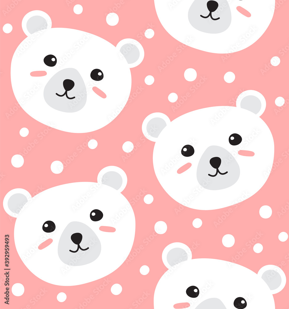 Vector seamless pattern of flat cartoon hand drawn doodle polar bear face isolated on pink background Vector seamless pattern of flat cartoon hand drawn doodle polar bear face isolated on pink background
