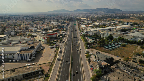 Aerial drone view of National motorway road with light traffic in Attica leading to Lamia, Greece