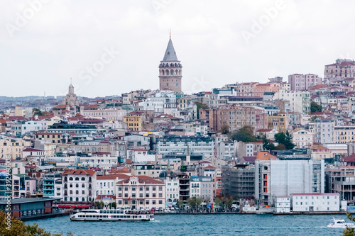 Panorama of Istanbul with mosques and the Bosphorus. Attractions and travel in Istanbul