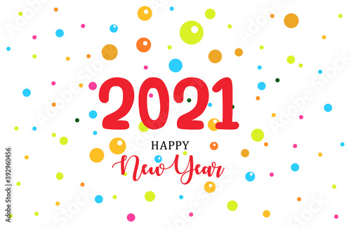 New Year's greeting card in cartoon style with multicolored fireworks of colored balls, children's cheerful mood of winter holiday, 2021 new year, vector illustration on white background.